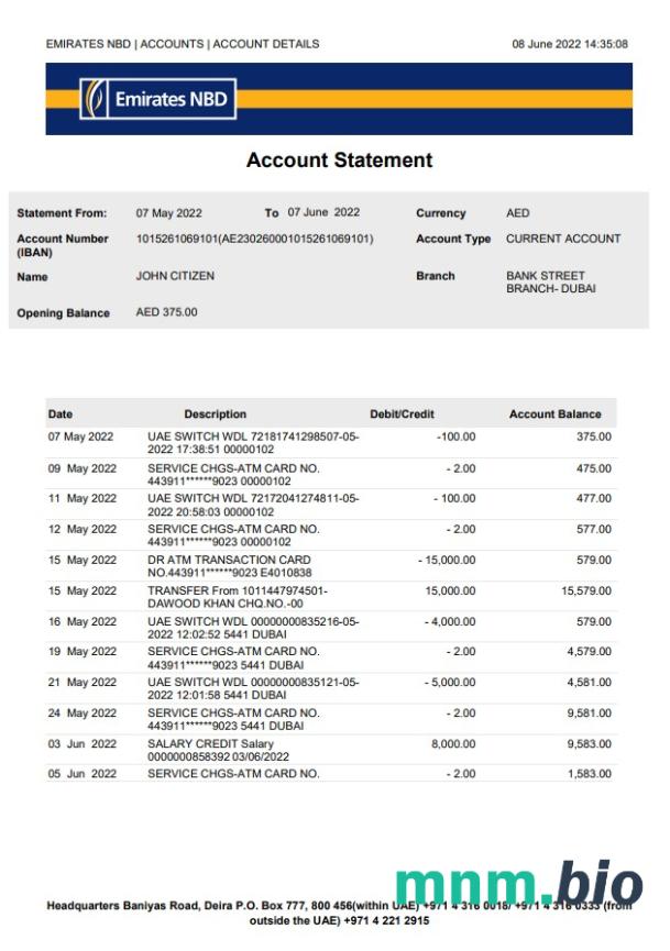 Szablon wyciągu bankowego ZEA Dubai Islamic w formacie Word i PDF w języku arabskim, 3 strony